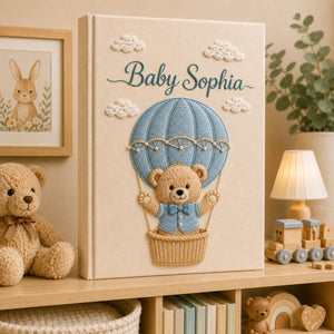 Personalized hand embroidered baby photo album with teddy bear in blue hot air balloon