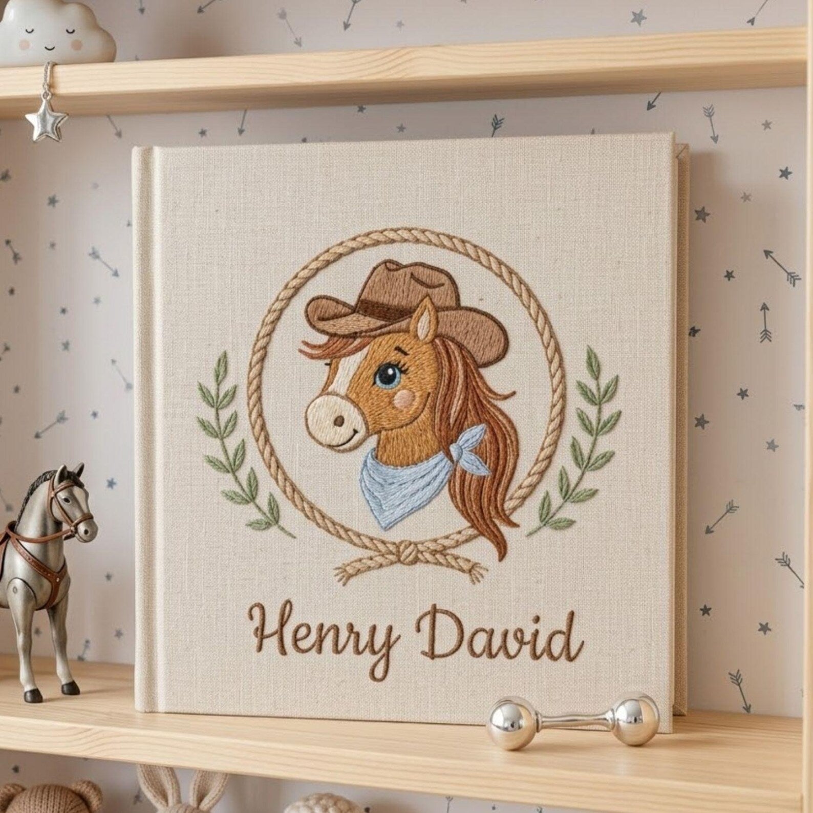 Personalized hand embroidered photo album featuring a cowboy horse with western hat bandana rope wreath and custom name embroidery