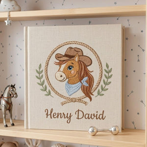Personalized hand embroidered photo album featuring a cowboy horse with western hat bandana rope wreath and custom name embroidery