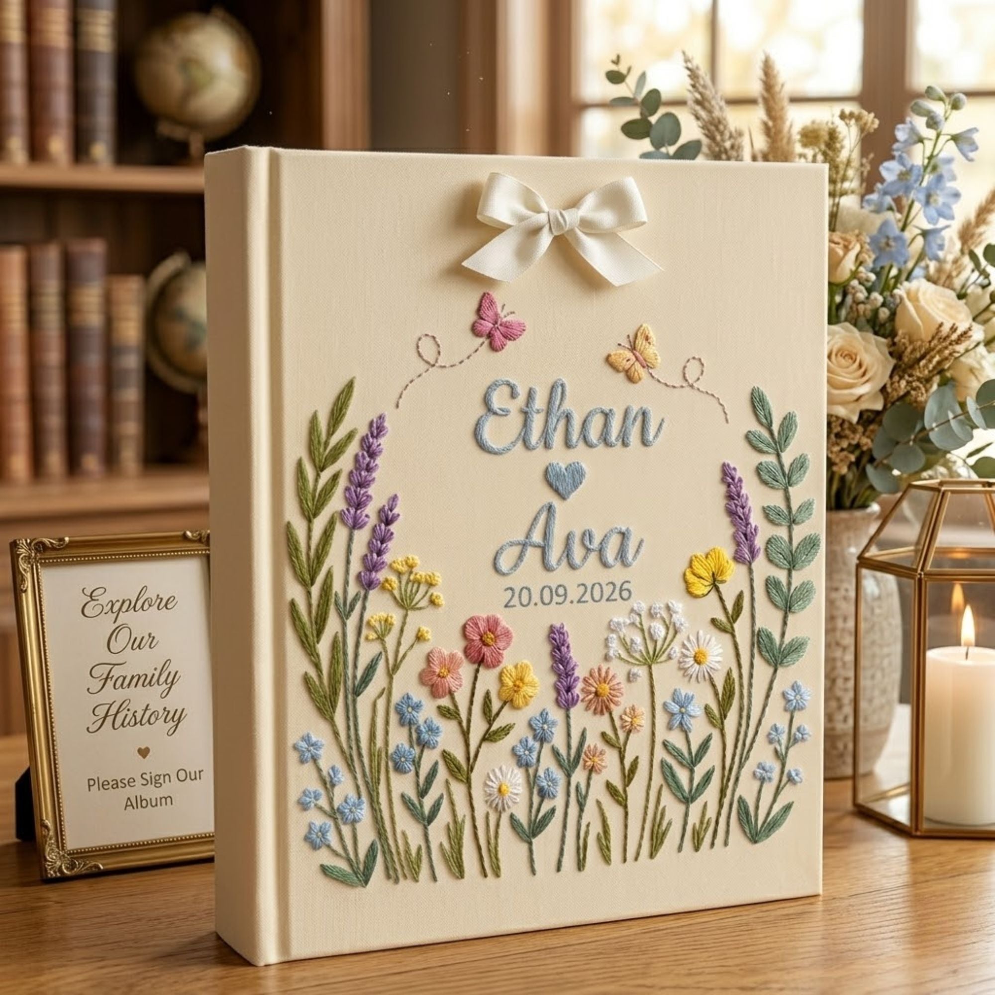 Personalized wildflower meadow hand embroidered photo album with custom names date butterflies and ribbon bow on linen cover