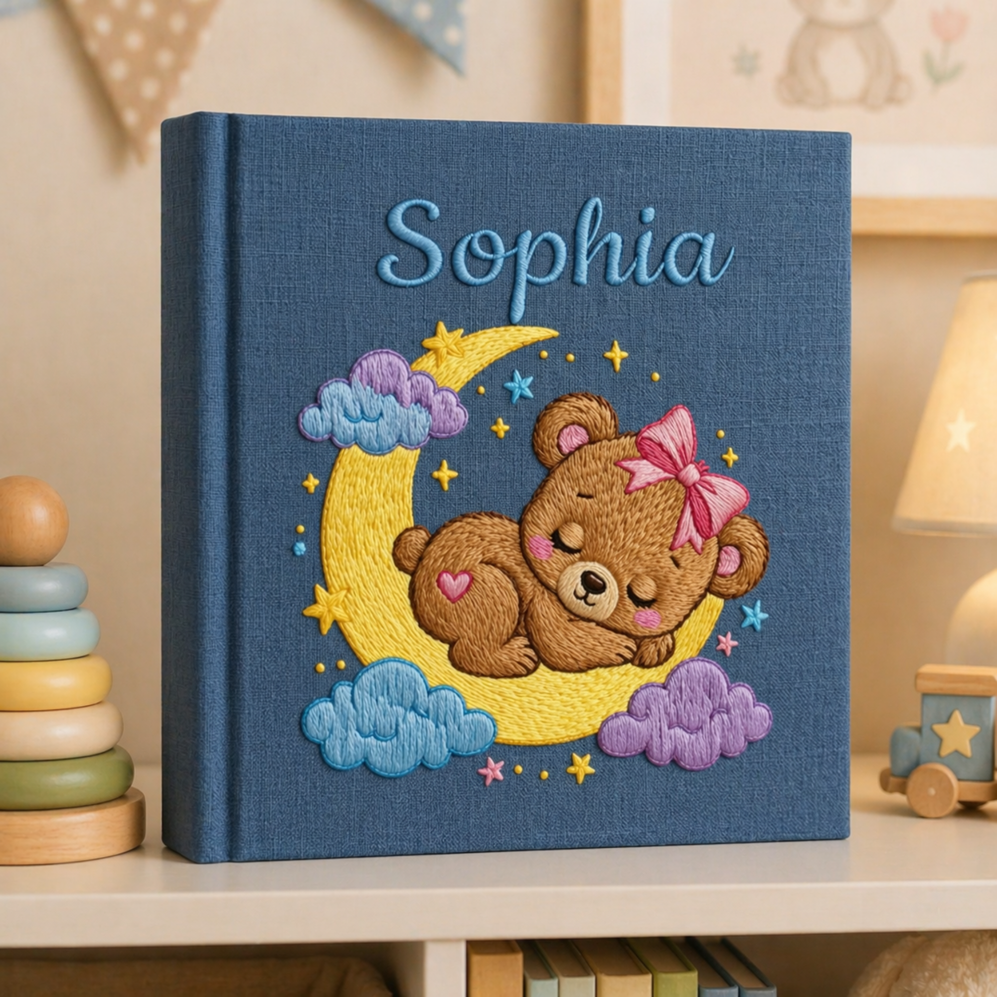 Personalized hand embroidered photo album featuring twinkling stars, pastel clouds, celestial nursery details and custom baby name embroidery