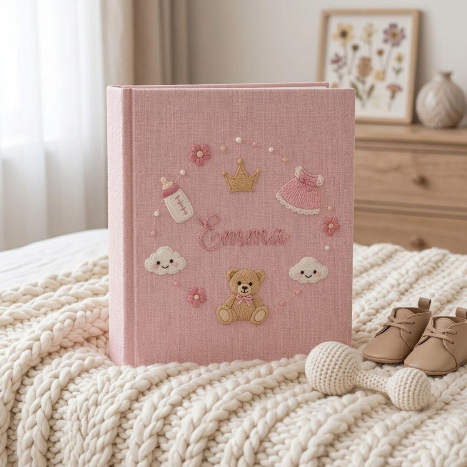 Personalized princess teddy hand embroidered baby photo album with pink nursery and crown design on linen cover
