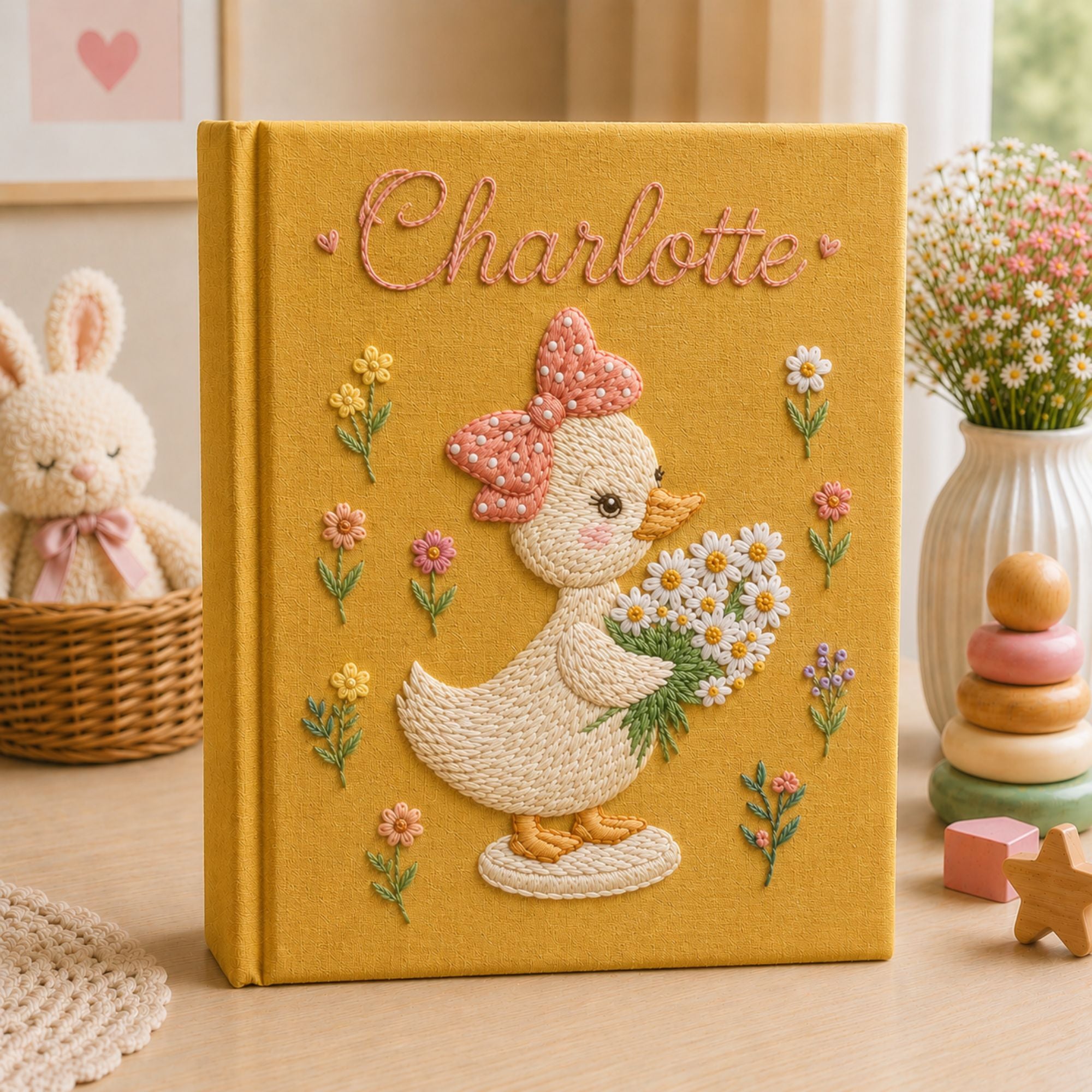 Personalized hand embroidered photo album featuring a cute duckling with a polka dot bow holding a daisy bouquet surrounded by pastel flowers and custom name embroidery
