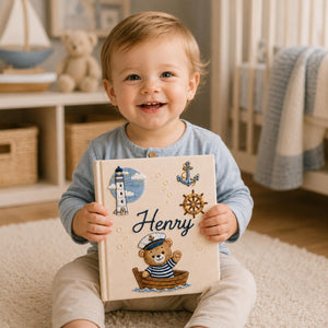Personalized hand embroidered baby photo album with sailor teddy bear boat lighthouse and nautical nursery design