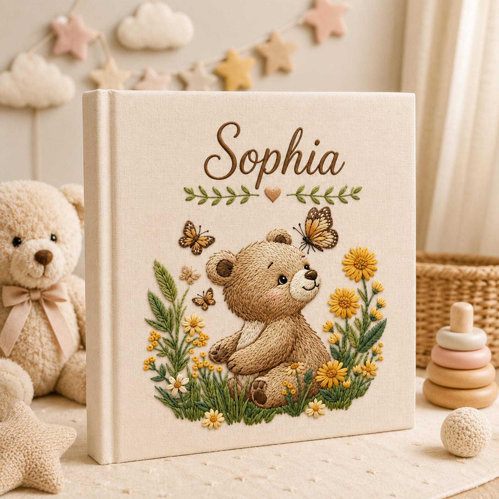 Personalized embroidered baby photo album with teddy bear yellow flowers butterflies and woodland garden design