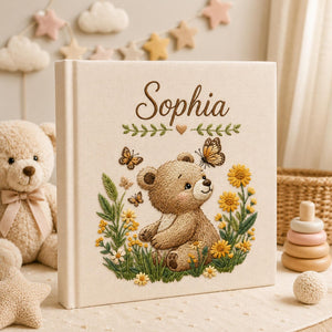 Personalized embroidered baby photo album with teddy bear yellow flowers butterflies and woodland garden design