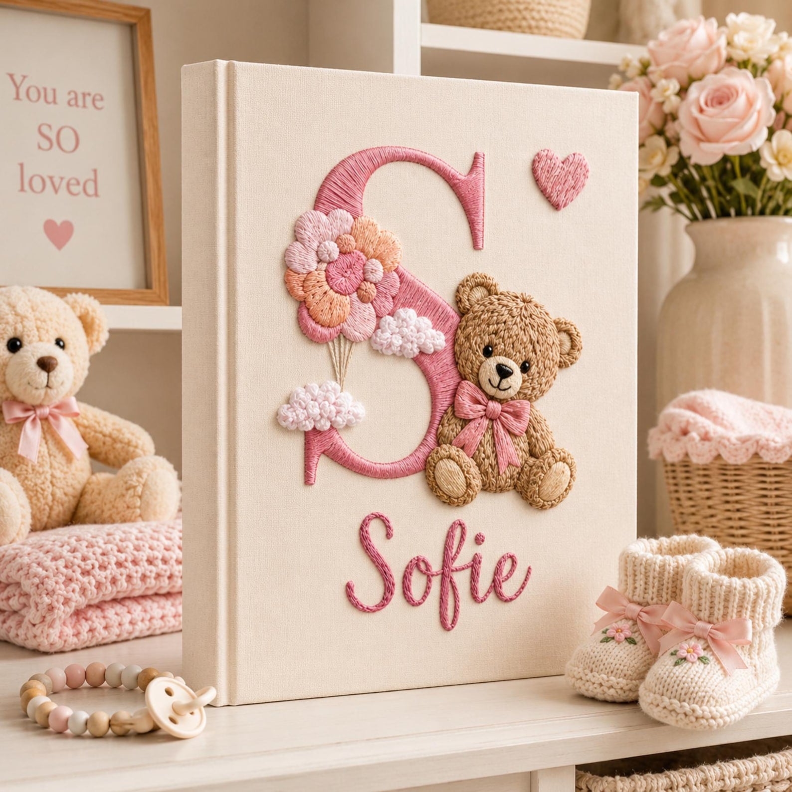 Personalized hand embroidered baby photo album with teddy bear sitting on monogram letter E