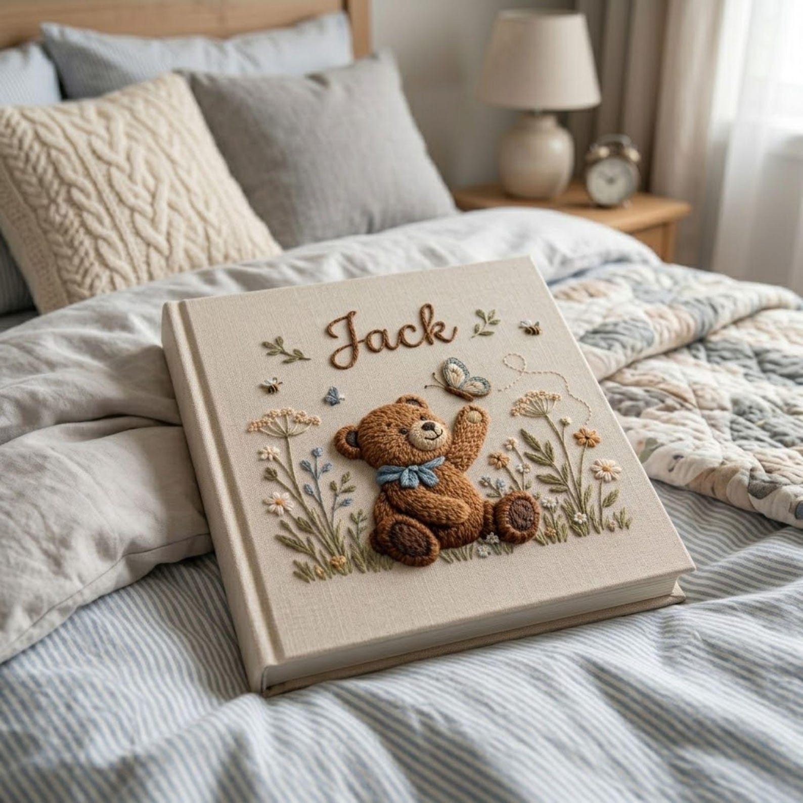 Personalized teddy butterfly hand embroidered baby photo album with woodland floral and bee design on linen cover