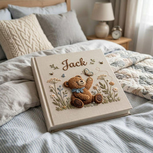 Personalized teddy butterfly hand embroidered baby photo album with woodland floral and bee design on linen cover