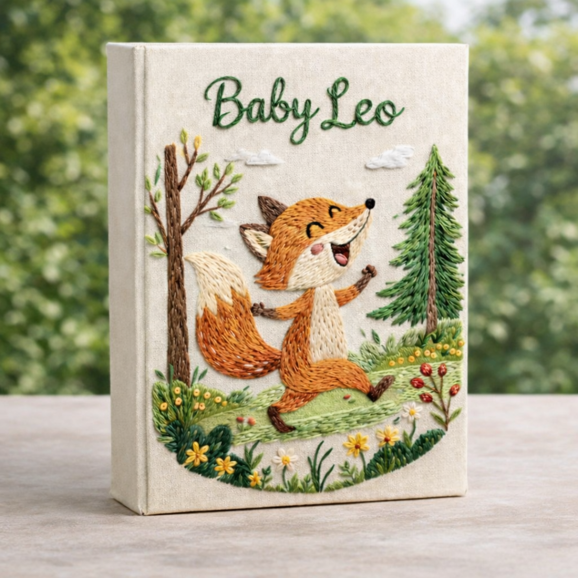 Personalized hand embroidered photo album featuring a cheerful woodland fox running through a forest meadow with pine trees, wildflowers, and greenery on a premium linen cover customized with a baby name