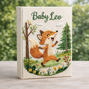 Personalized hand embroidered photo album featuring a cheerful woodland fox running through a forest meadow with pine trees, wildflowers, and greenery on a premium linen cover customized with a baby name