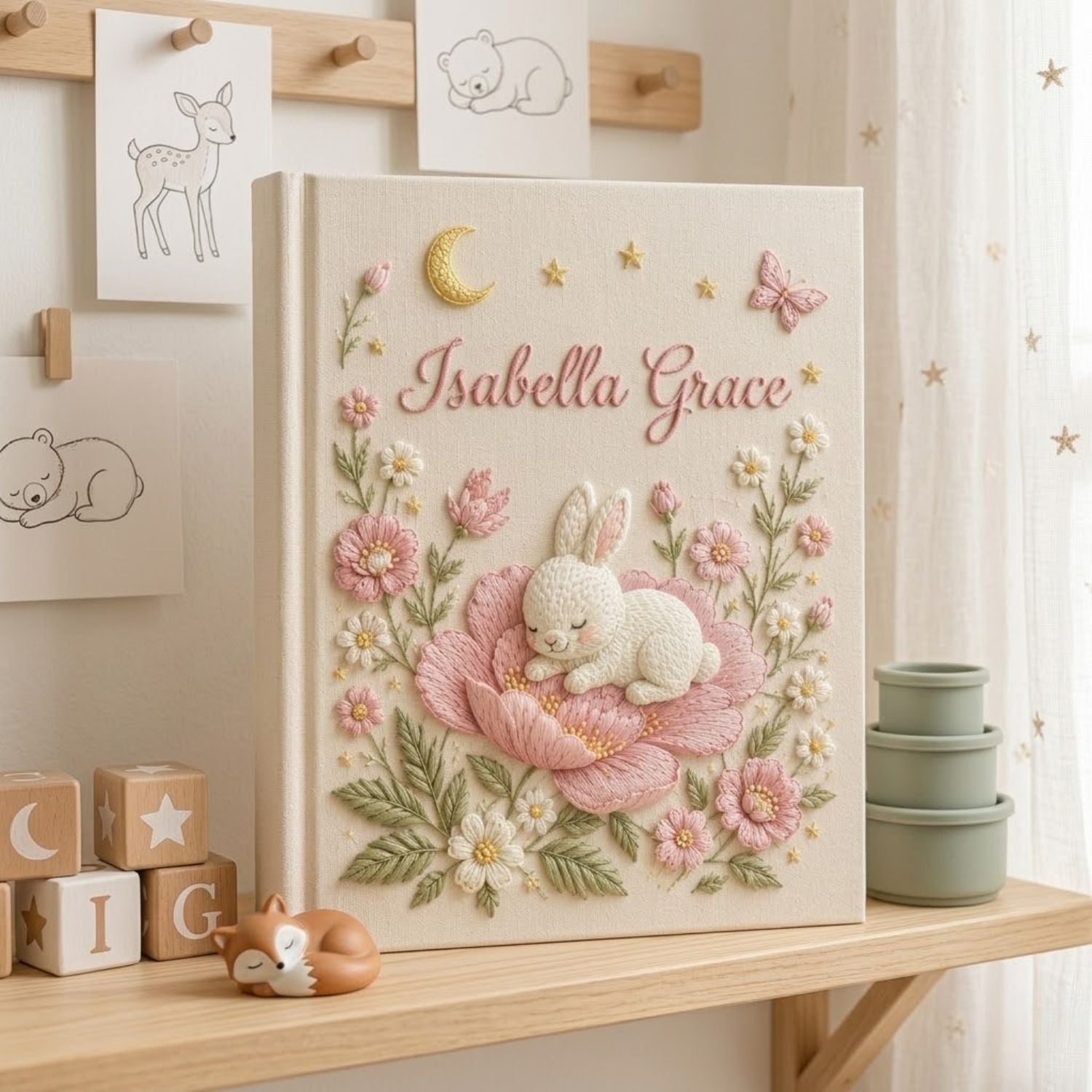 Personalized hand embroidered photo album featuring a sleeping bunny resting on a large pink flower surrounded by blossoms, butterflies, stars, and a crescent moon on a premium linen cover customized with a baby name