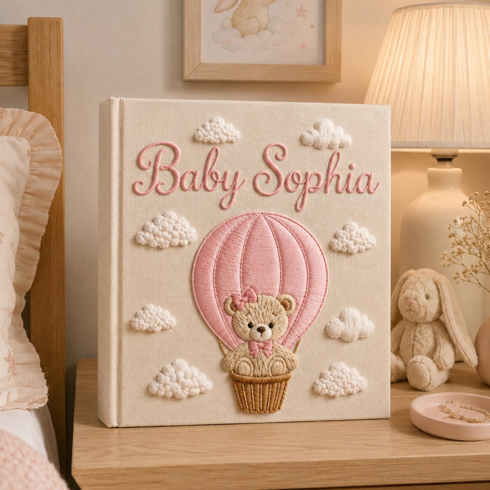 Personalized teddy bear hot air balloon hand embroidered photo album with pastel pink nursery design