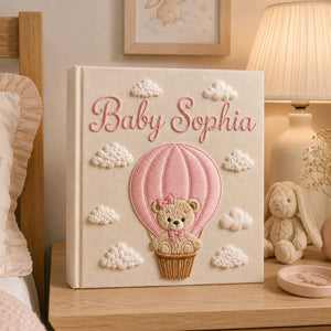 Personalized teddy bear hot air balloon hand embroidered photo album with pastel pink nursery design