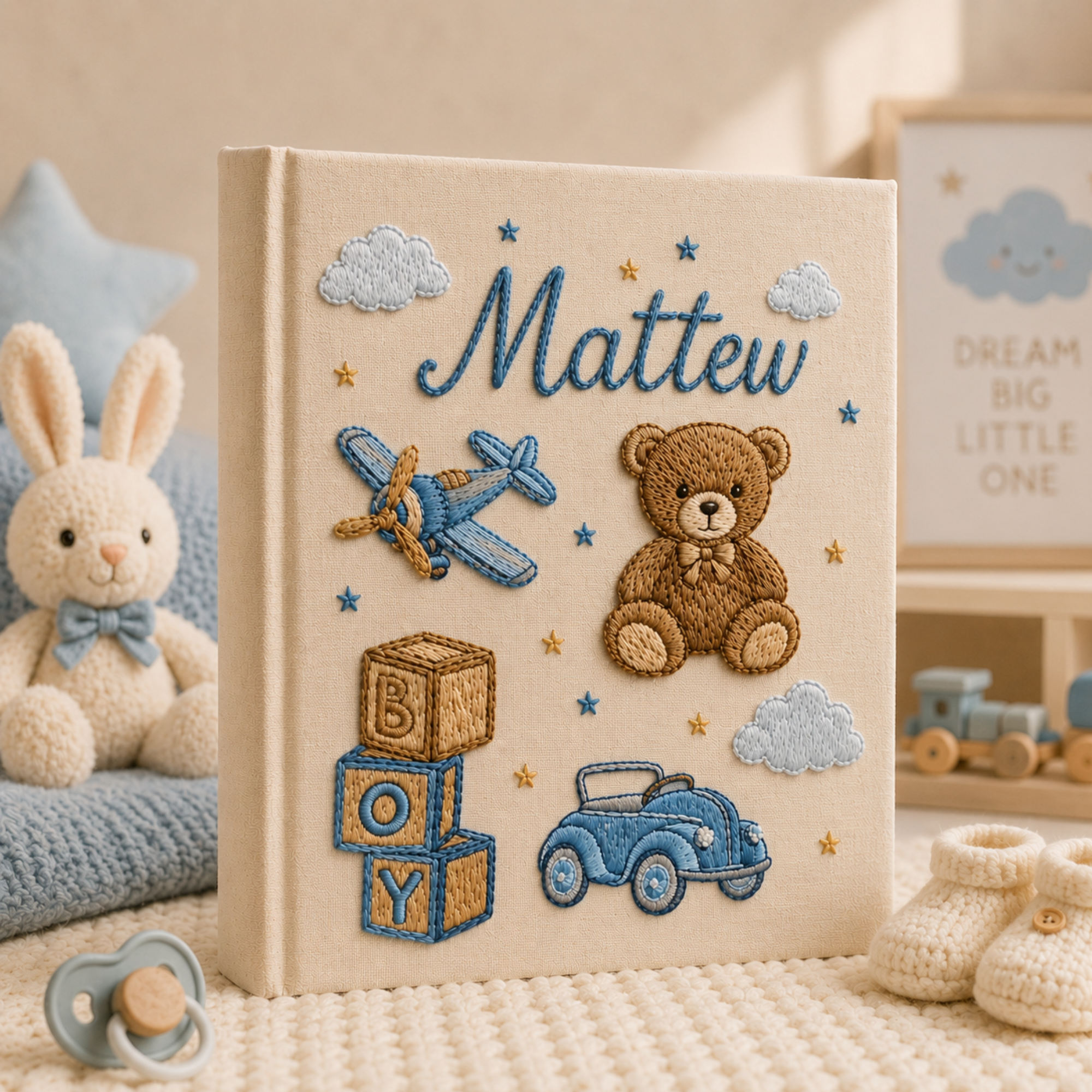 Personalized hand embroidered photo album featuring teddy bear, toy airplane, vintage car, alphabet blocks and nursery stars in blue tones