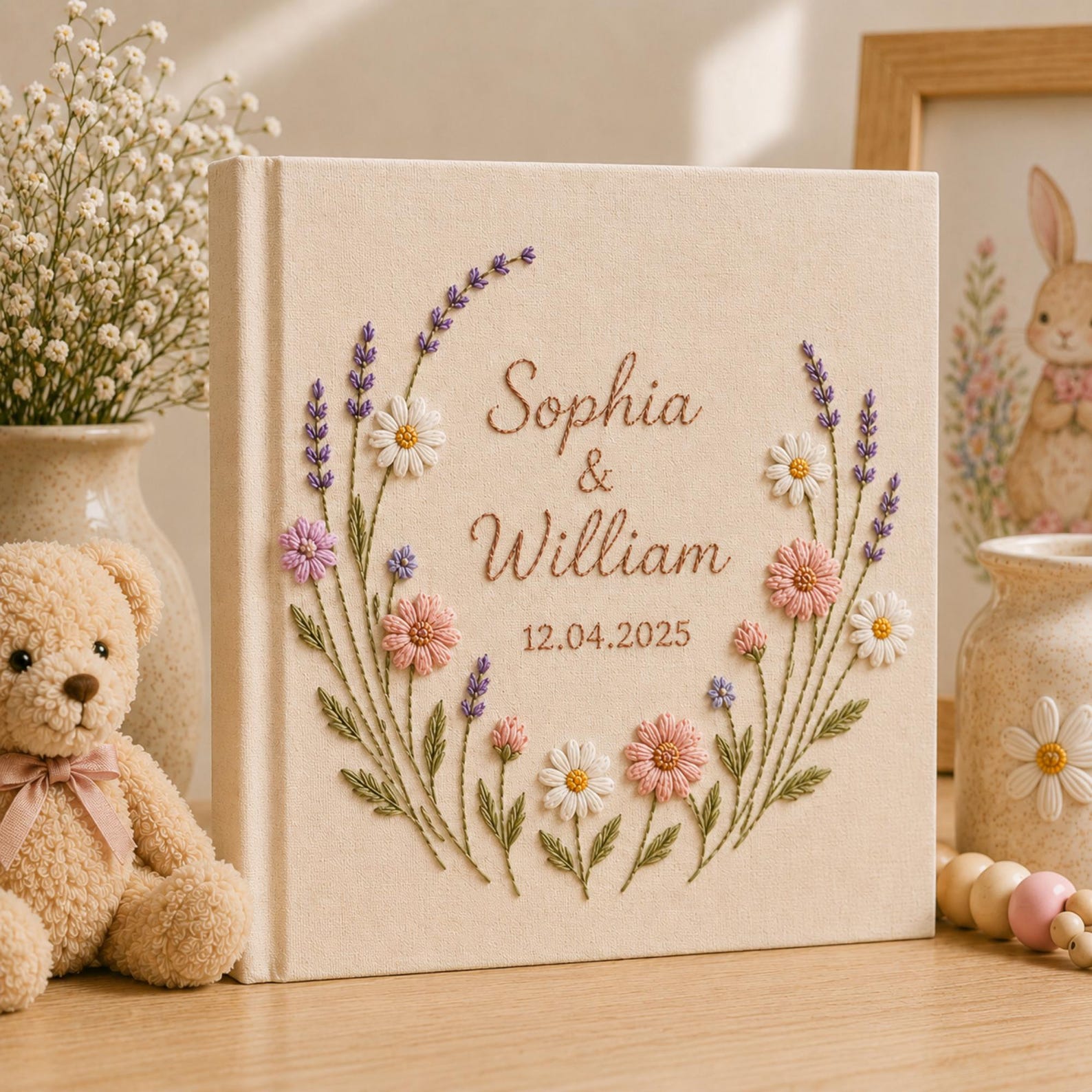 Custom botanical embroidered wedding photo albums with lavender flowers, butterflies, ribbon bows, and personalized couple names on linen covers