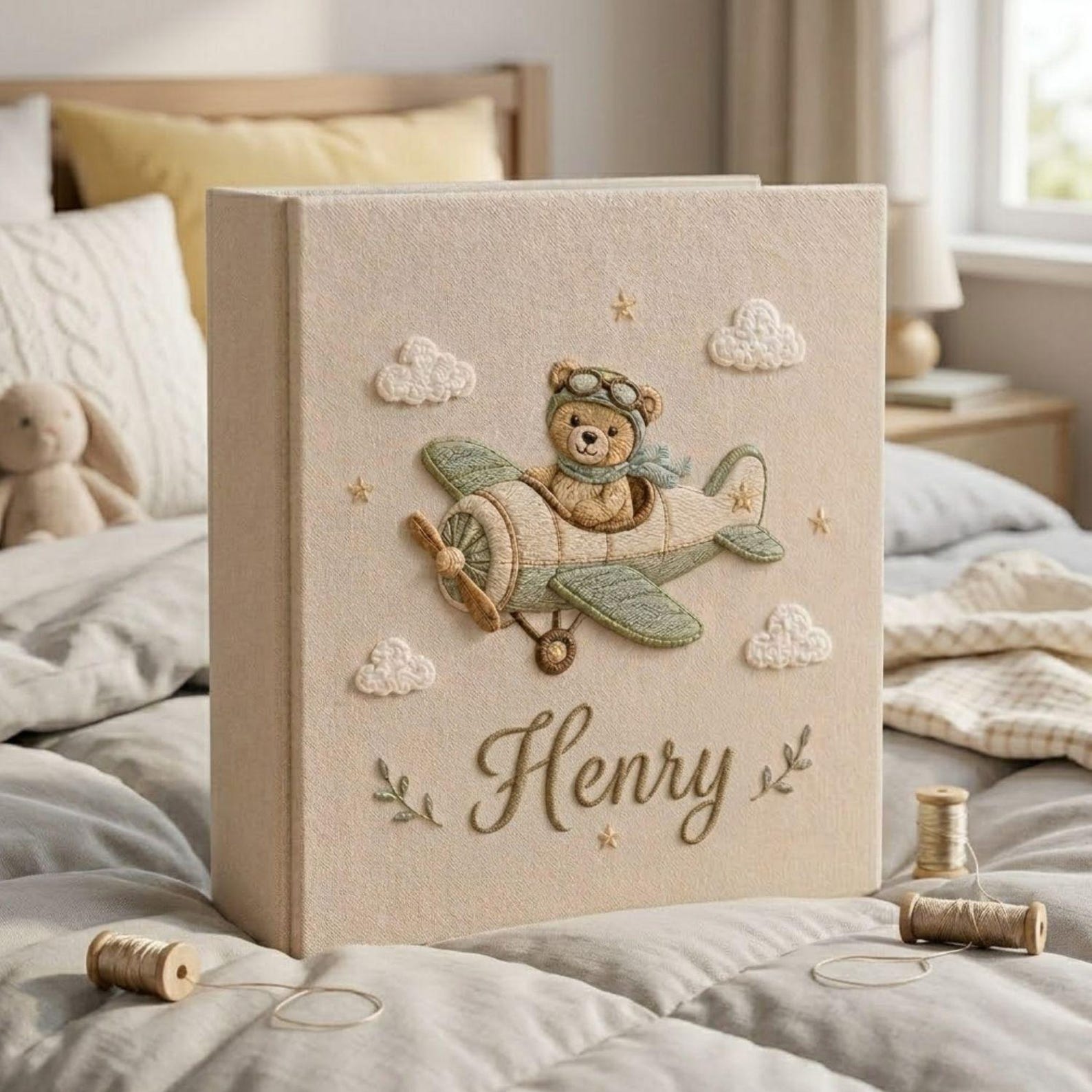 Personalized teddy aviator airplane hand embroidered baby photo album with vintage airplane nursery design on linen cover