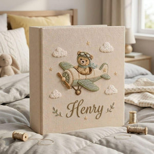 Personalized teddy aviator airplane hand embroidered baby photo album with vintage airplane nursery design on linen cover