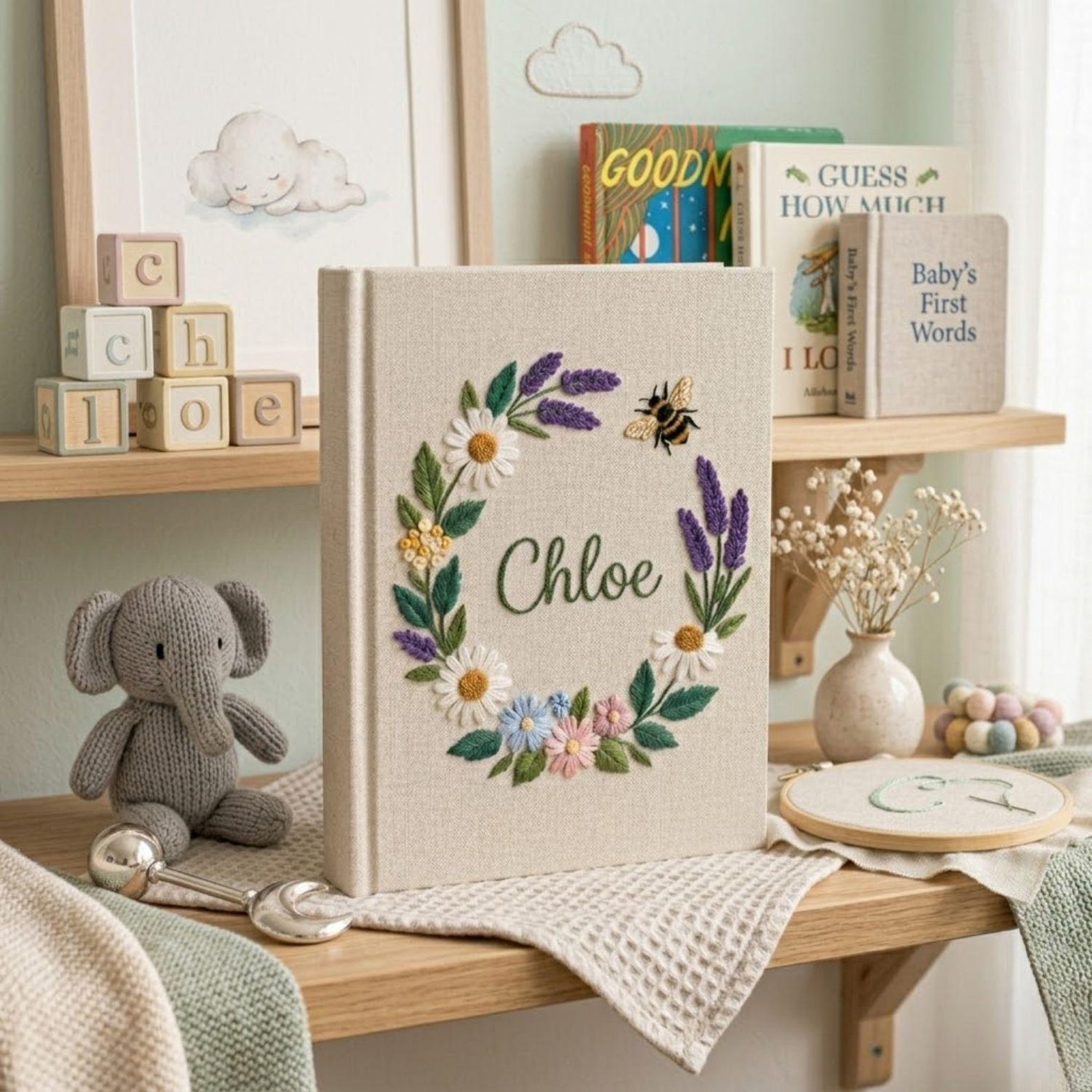 Personalized floral bee hand embroidered baby photo album with lavender daisy wreath design on linen cover