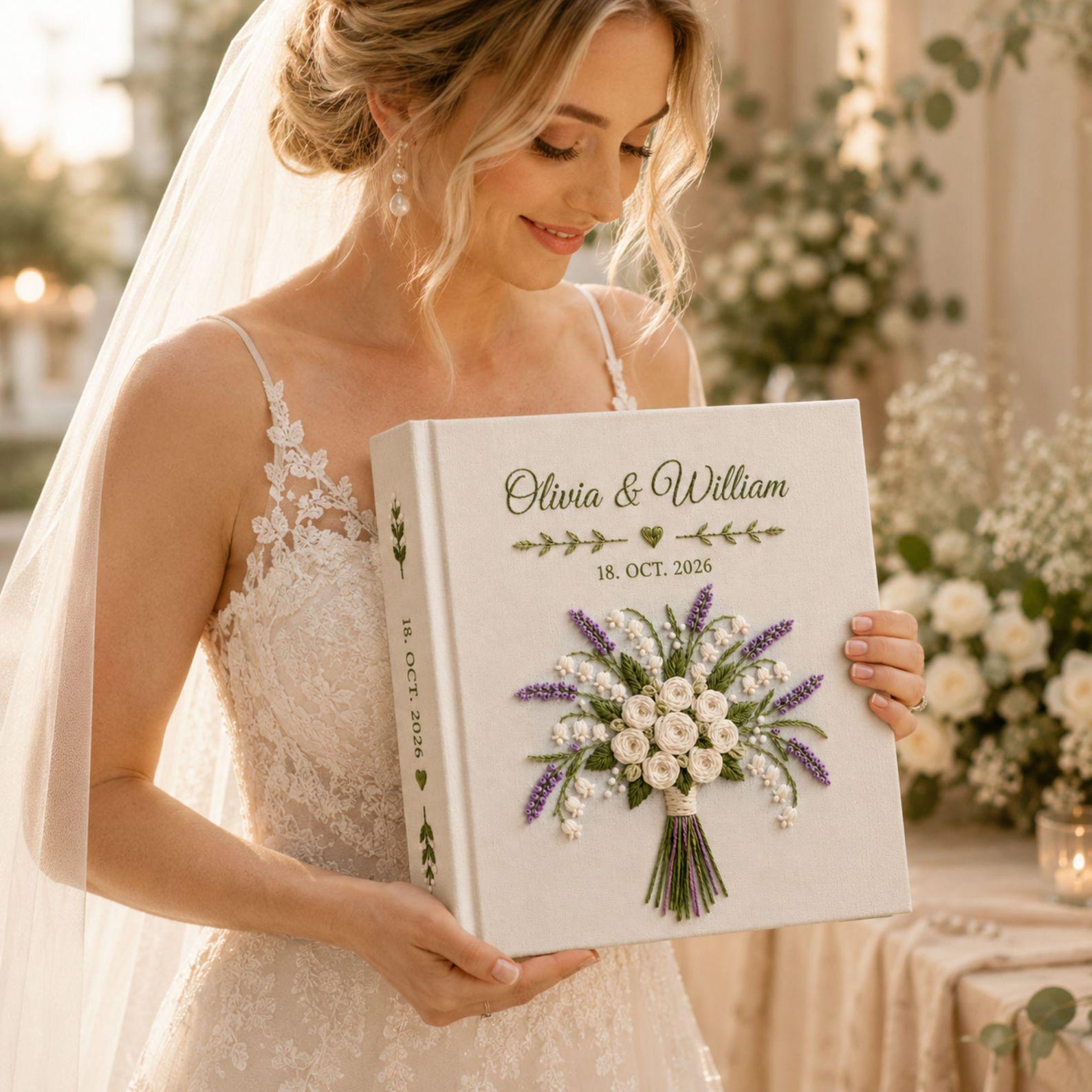 Personalized lavender rose bouquet hand embroidered photo album with custom names and wedding date on linen cover