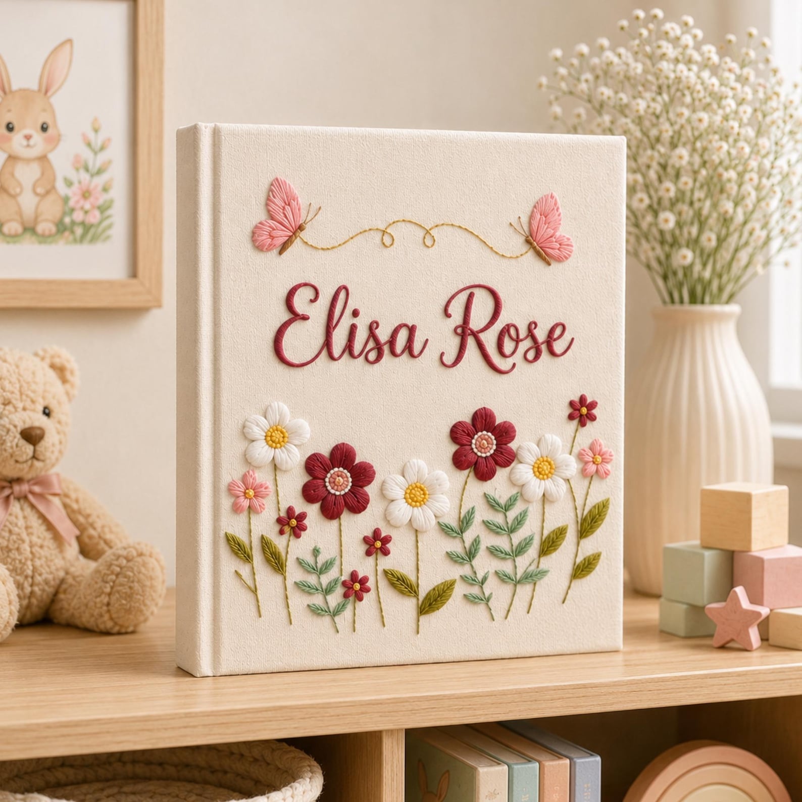 Personalized hand embroidered floral baby photo album with pink flowers and butterfly accents