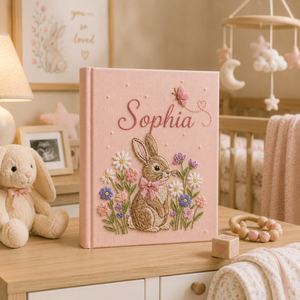 Personalized hand embroidered photo album featuring a bunny with pink bow surrounded by colorful spring flowers and butterfly on a pink linen cover