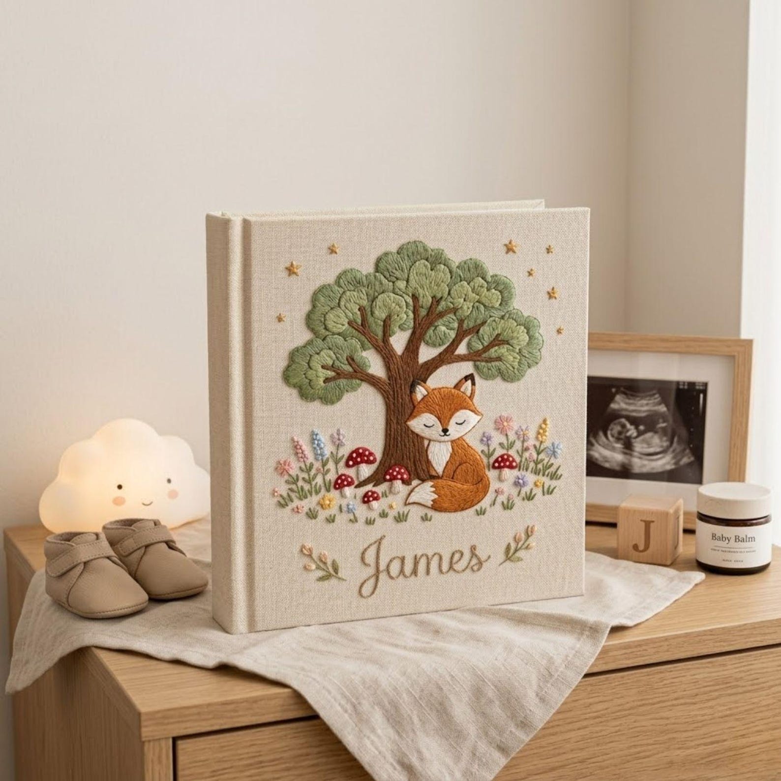 Personalized woodland fox hand embroidered baby photo album with forest tree and mushroom nursery design on linen cover