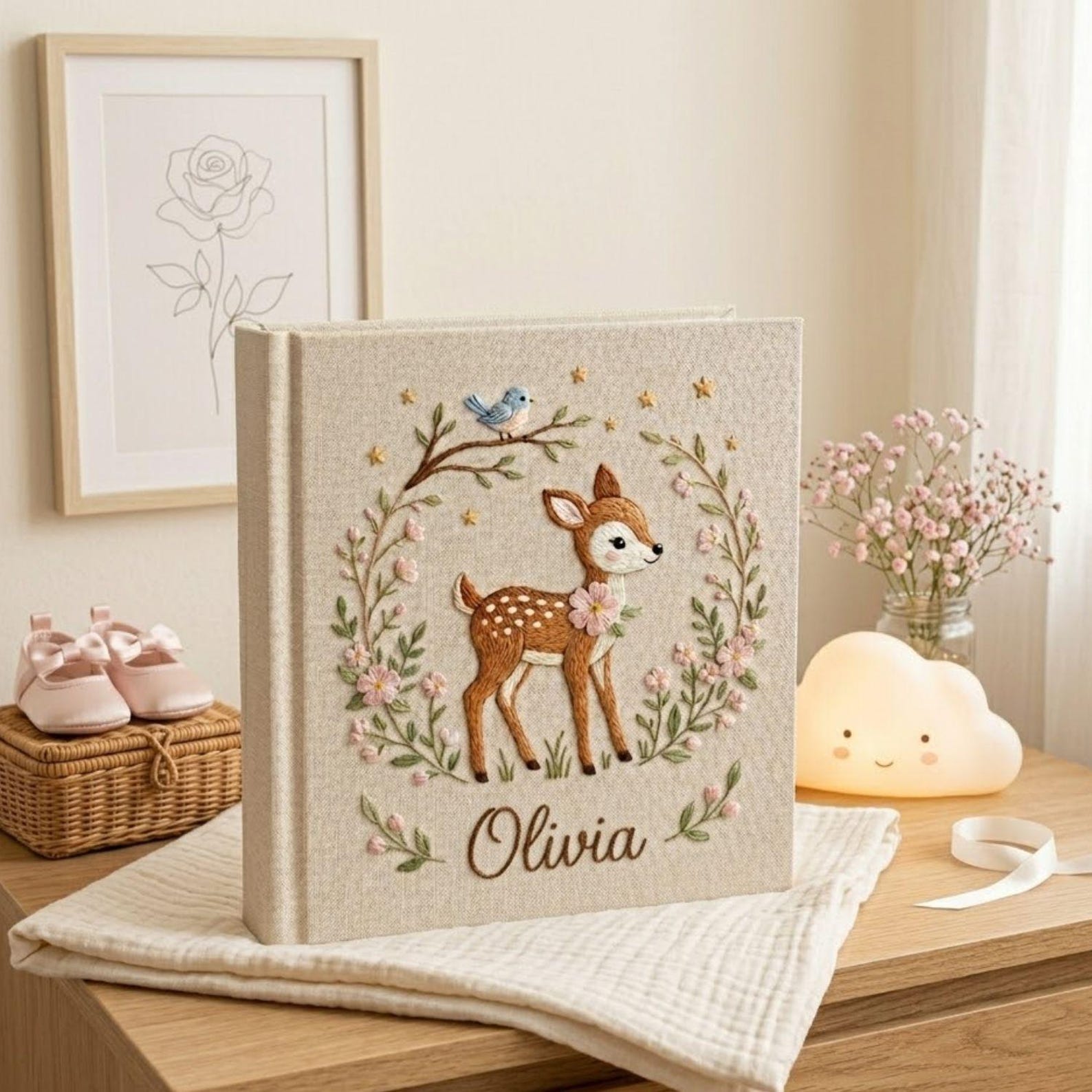 Personalized woodland deer hand embroidered baby photo album with floral forest nursery design on linen cover