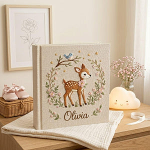 Personalized woodland deer hand embroidered baby photo album with floral forest nursery design on linen cover