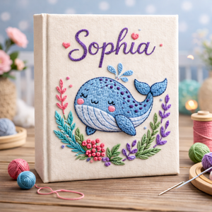 Personalized hand embroidered photo album featuring a cute blue whale surrounded by colorful ocean botanicals and underwater floral accents on a linen cover