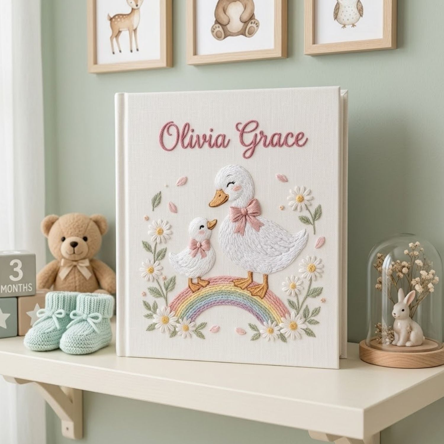 Personalized hand embroidered photo album featuring a swan mother and baby standing on a pastel rainbow surrounded by daisies and floral details