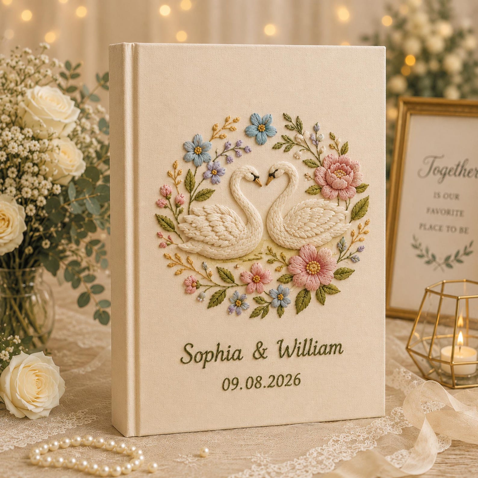 Personalized embroidered wedding photo album with floral swan embroidery, pastel botanical flowers, custom names, wedding date, and linen hardcover design