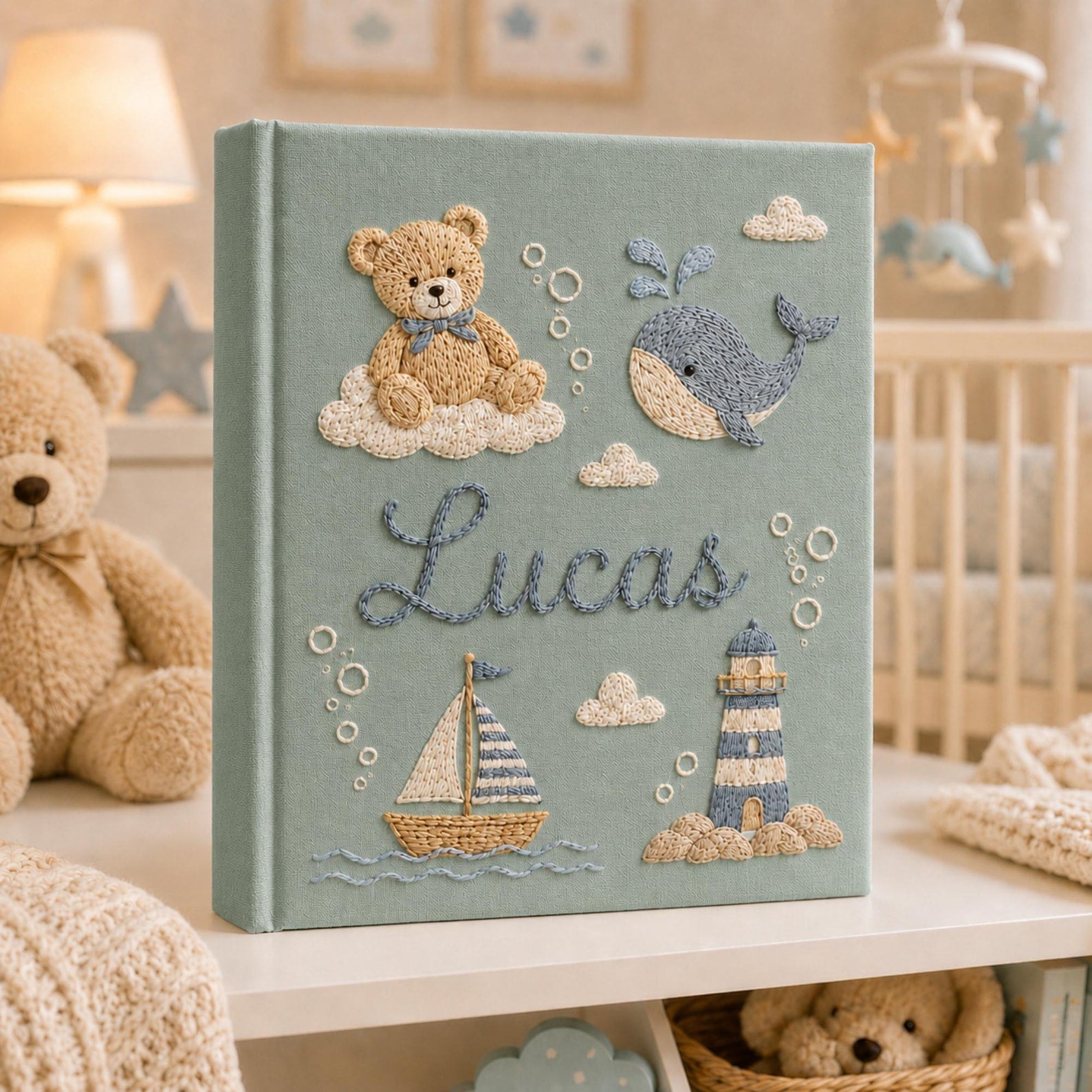 Personalized hand embroidered baby photo album with whale, lighthouse, sailboat, and teddy bear nautical embroidery