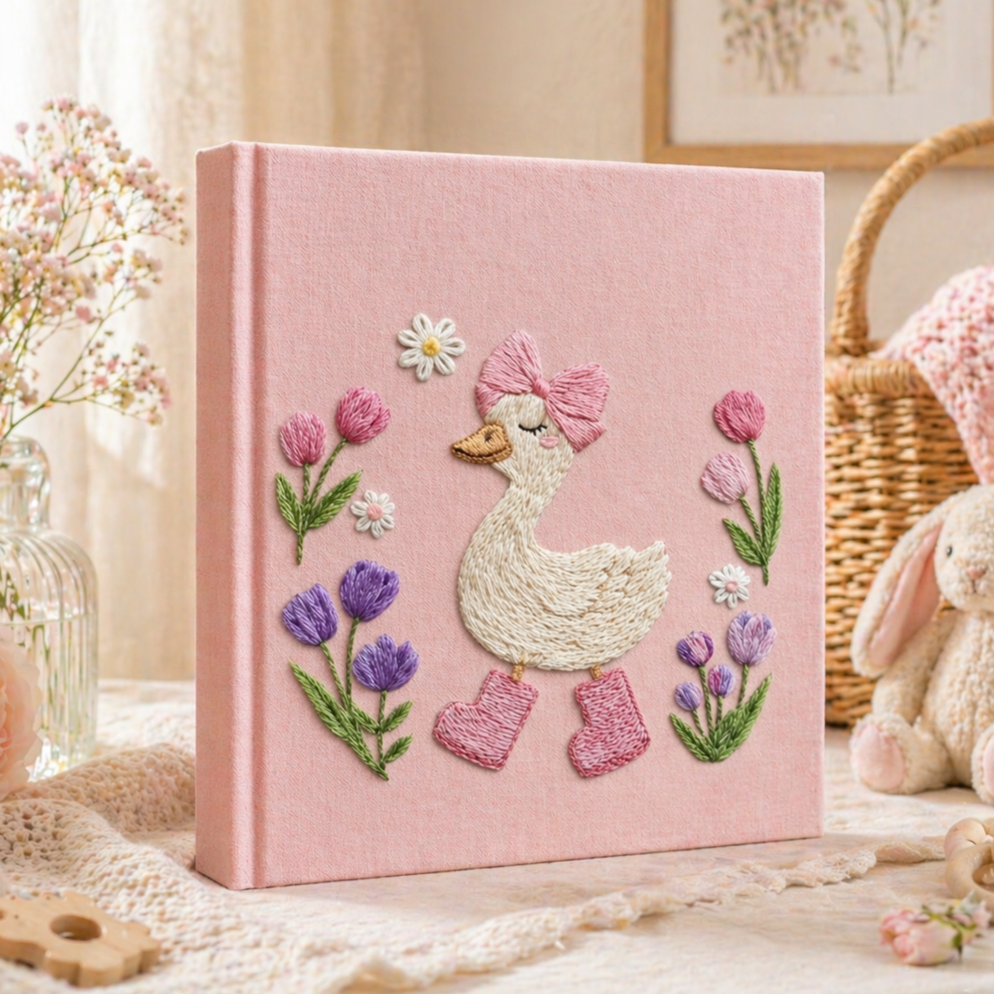 Personalized hand embroidered photo album featuring a charming goose girl with bow, flowers, and cottagecore details on a pink linen cover