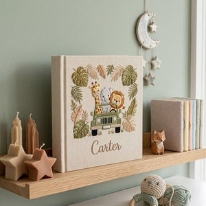 Personalized safari animal embroidered baby photo album with jungle jeep design on linen cover