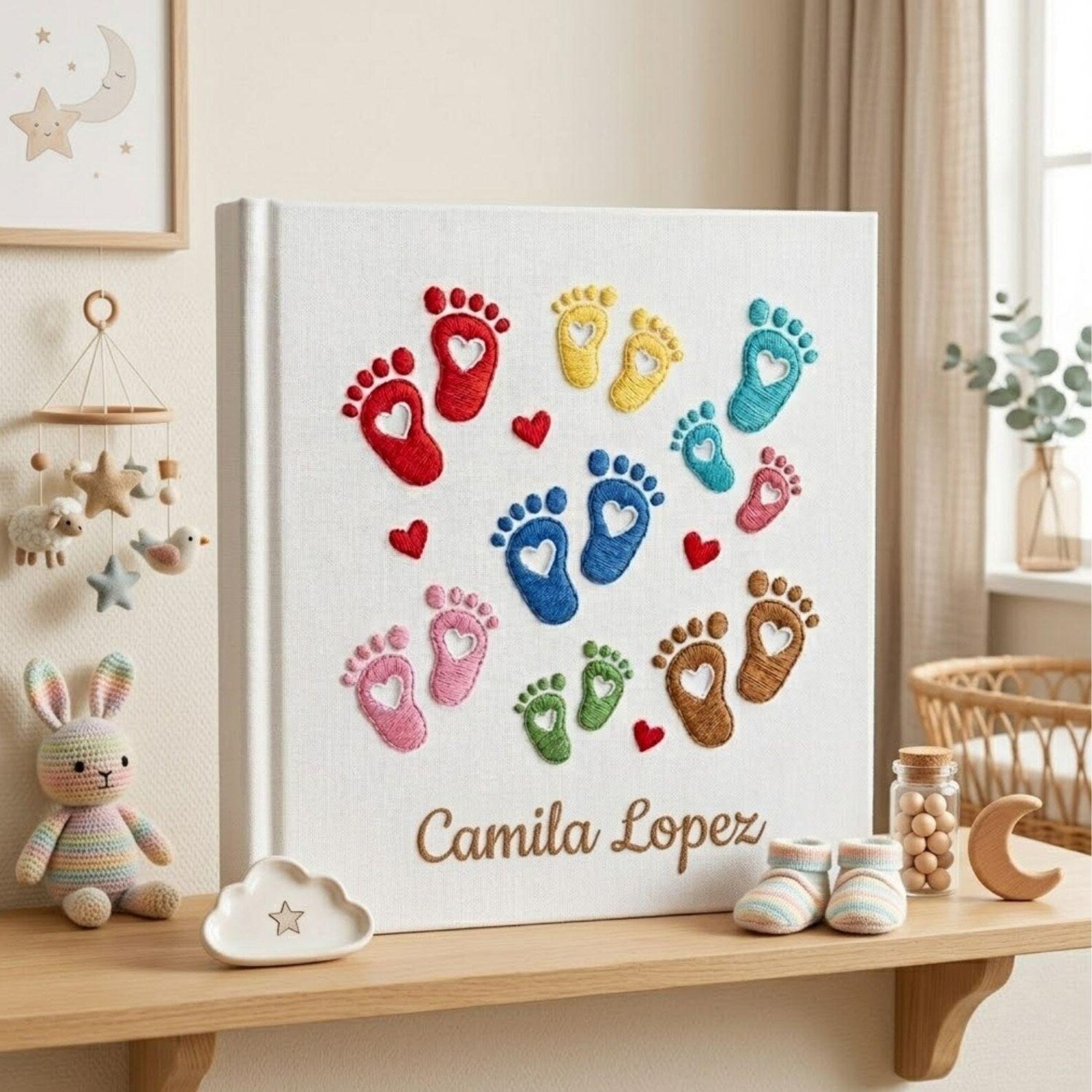 Personalized hand embroidered photo album featuring colorful baby footprints with heart details and custom baby name on linen cover