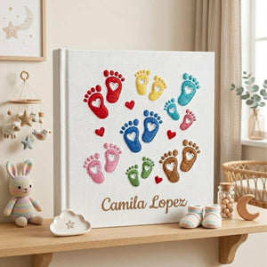Personalized hand embroidered photo album featuring colorful baby footprints with heart details and custom baby name on linen cover
