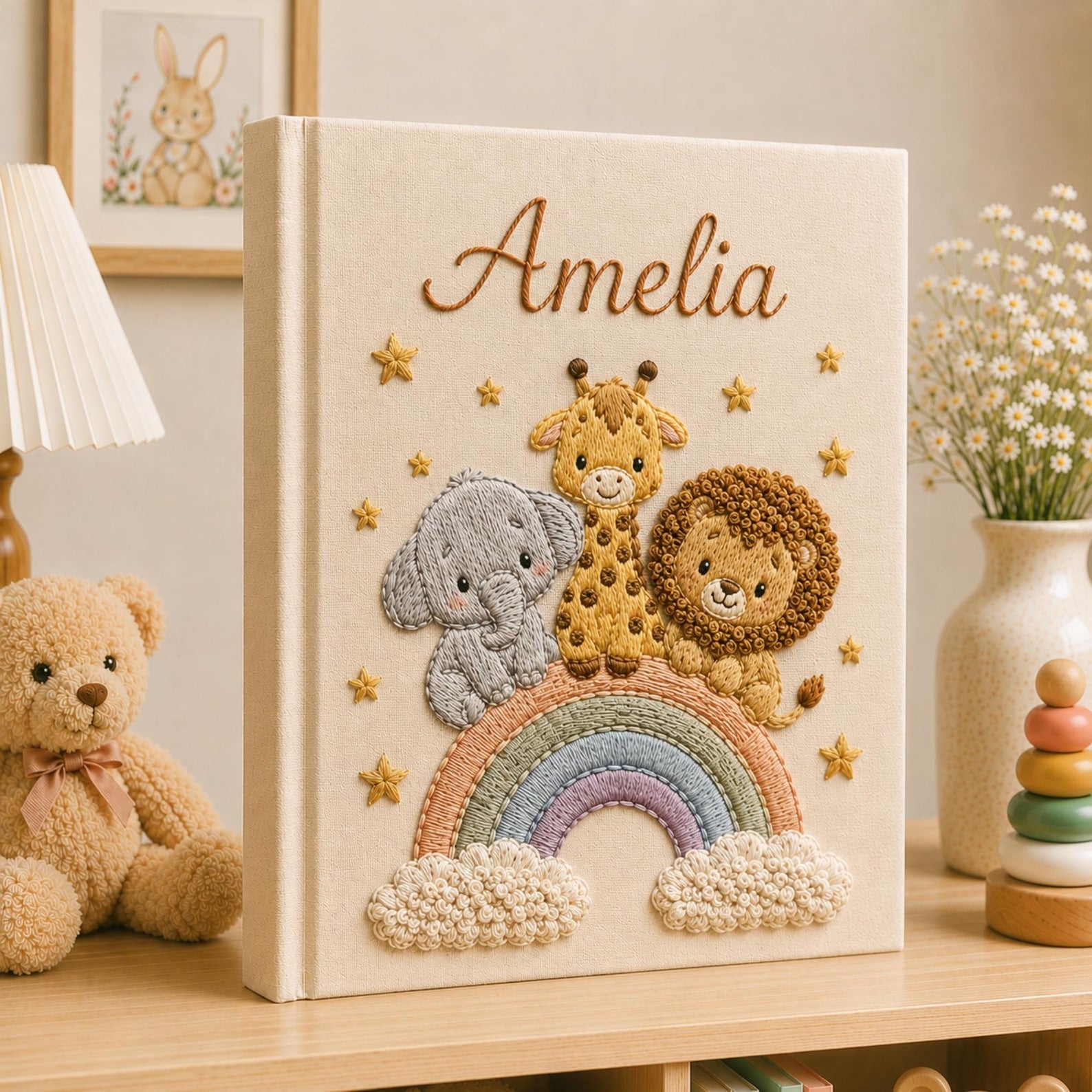 Personalized hand embroidered baby photo album with safari animals sitting on rainbow
