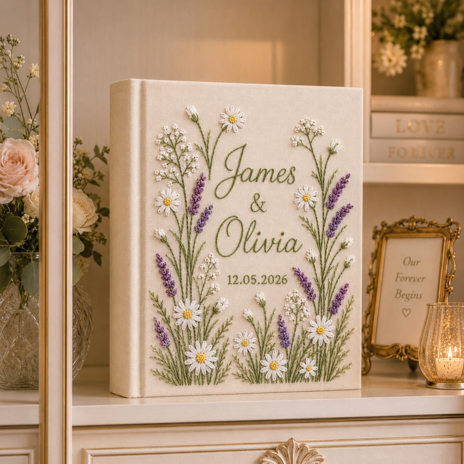 Personalized hand embroidered daisy lavender wedding photo album with botanical floral embroidery and custom names on linen cover