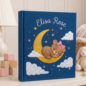 personalized photo album, moon teddy album, baby keepsake album, embroidered memory book, nursery photo album, custom baby gift, sleeping bear album, moon and stars album, baby memory book, newborn keepsake, baby shower gift, handmade photo album, childhood keepsake