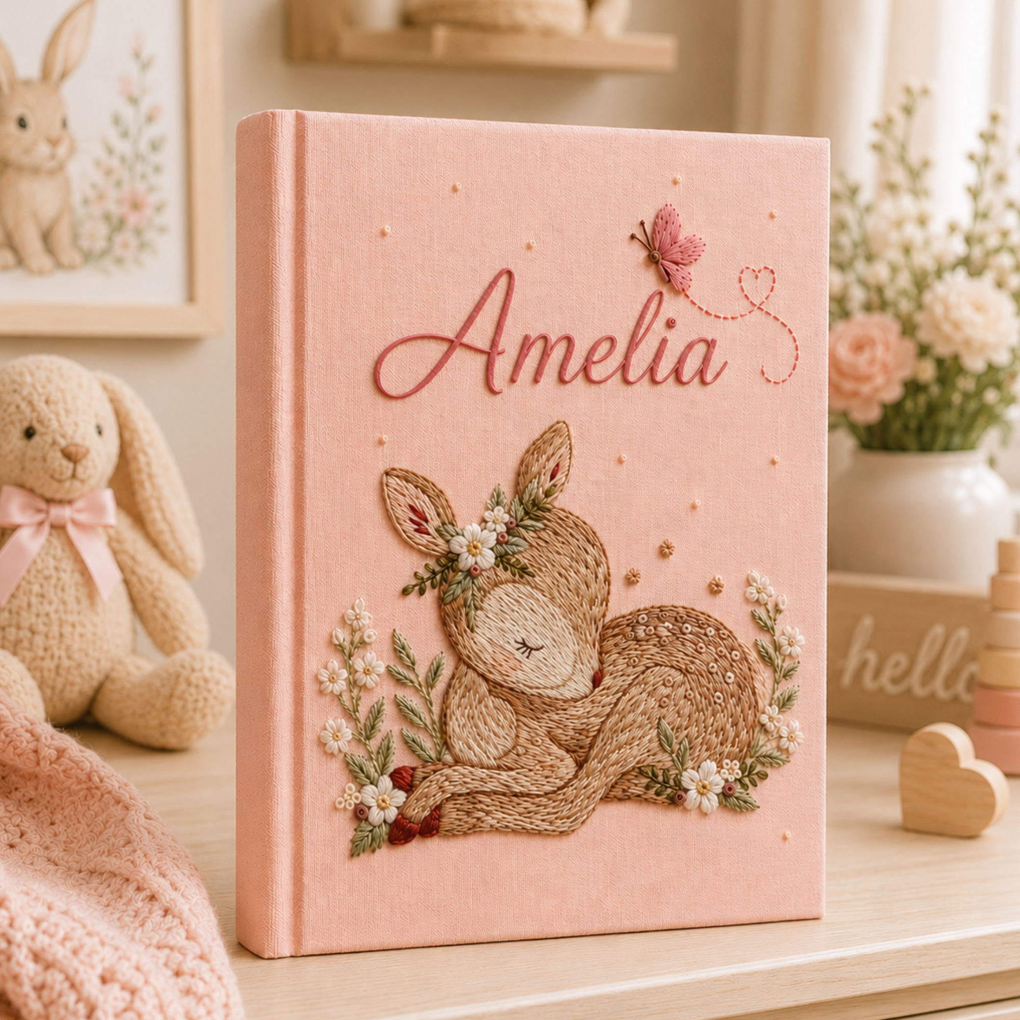 Personalized hand embroidered photo album featuring a sleeping woodland fawn surrounded by flowers and butterfly accents with custom name embroidery