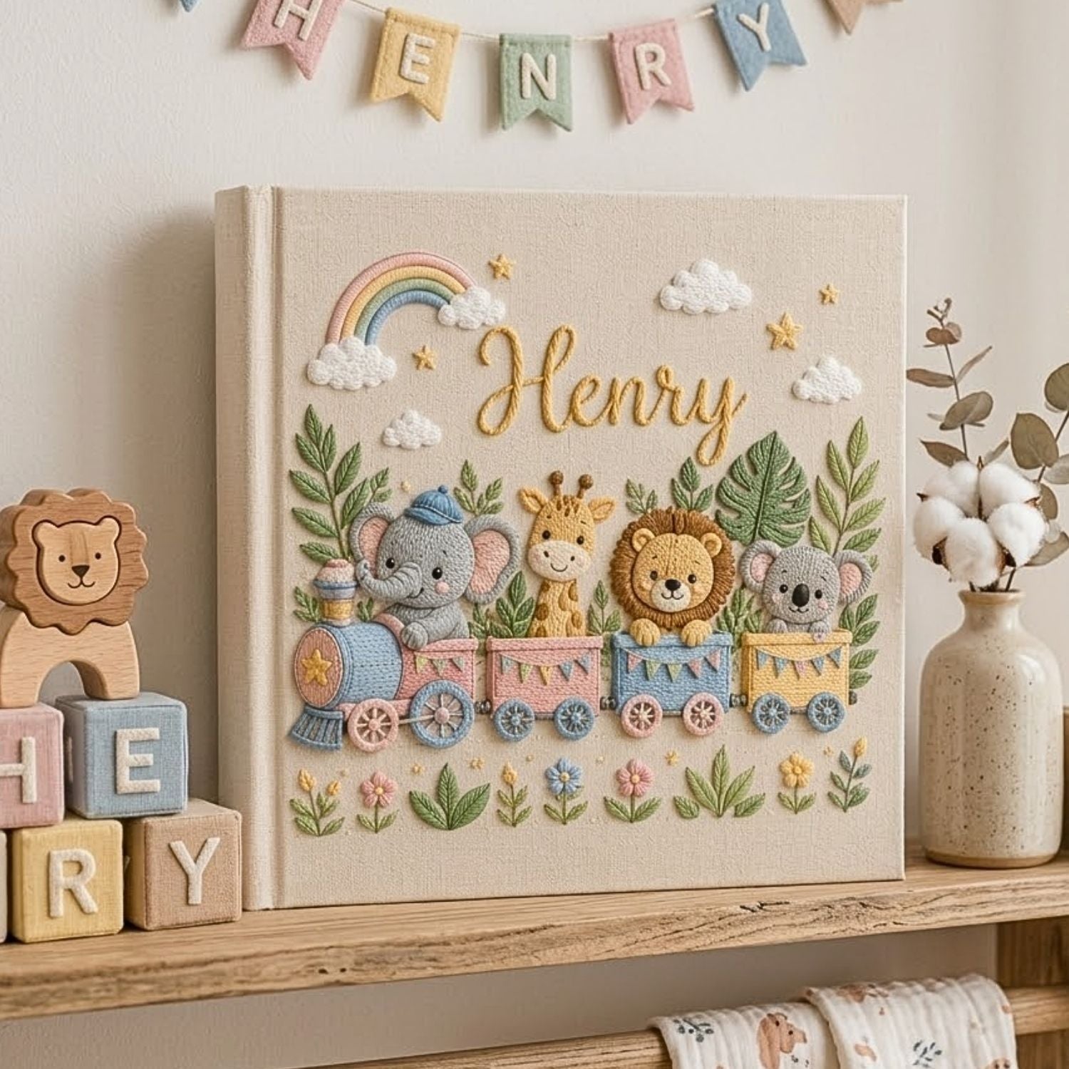 Personalized hand embroidered photo album featuring a safari animal train with elephant giraffe lion and koala in a tropical jungle setting