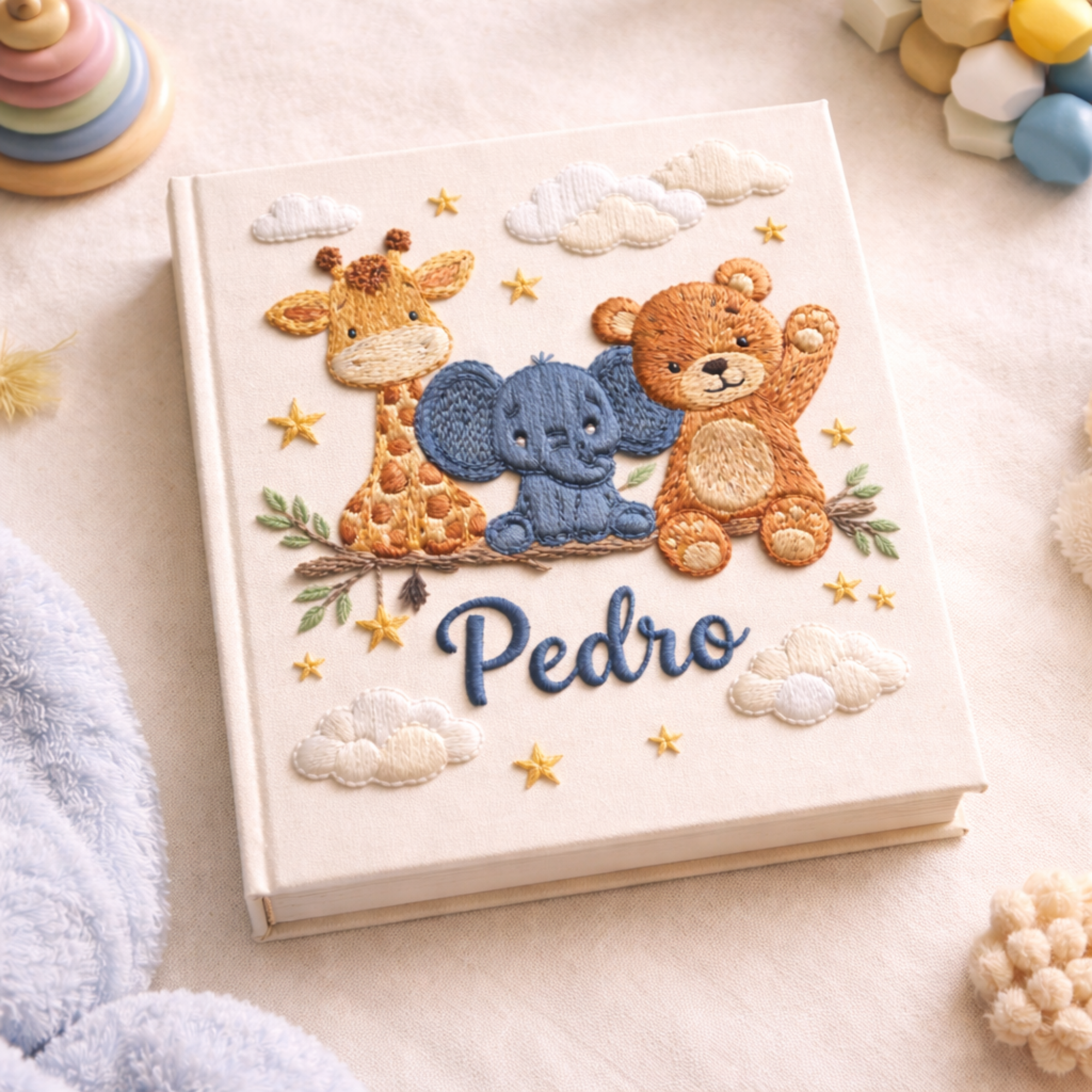 Personalized hand embroidered photo album featuring safari animals including giraffe, elephant, zebra, lion, and bear on a linen cover