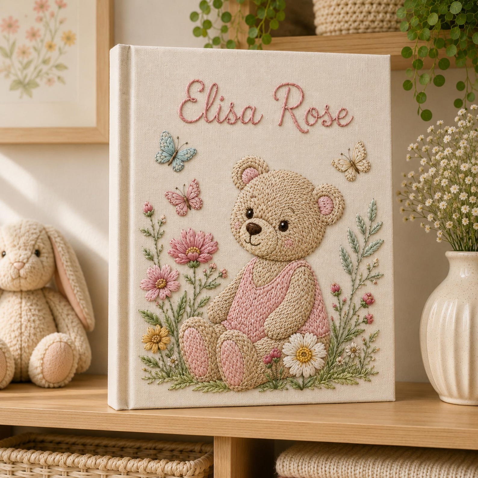 Personalized hand embroidered baby photo album with teddy bear in blue overalls surrounded by flowers and butterflies
