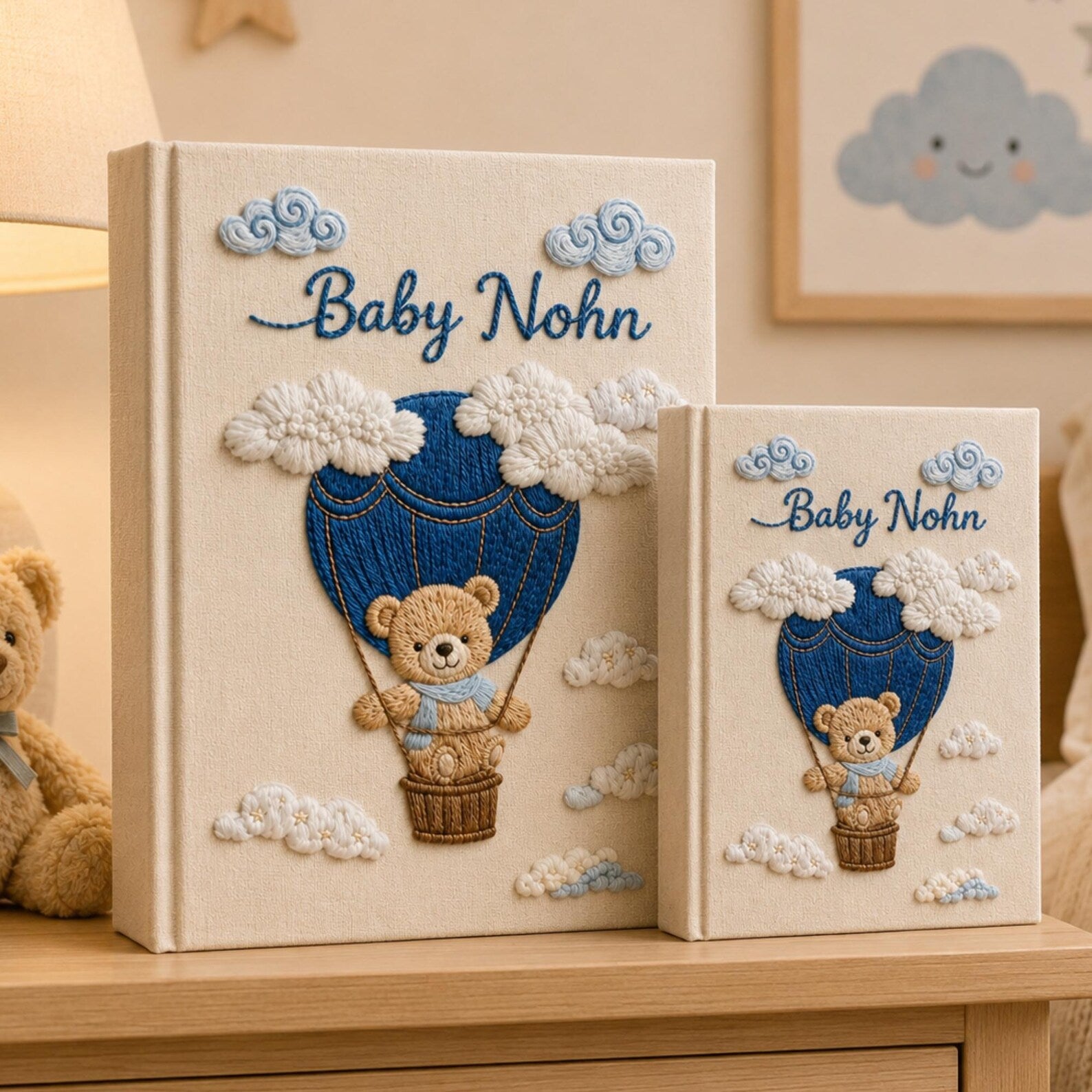 Personalized embroidered baby photo album with teddy bear in blue hot air balloon and fluffy cloud nursery design