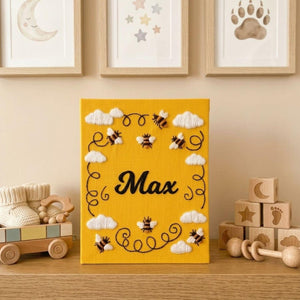 Personalized bee theme hand embroidered baby photo album with honey bee nursery design on yellow linen cover
