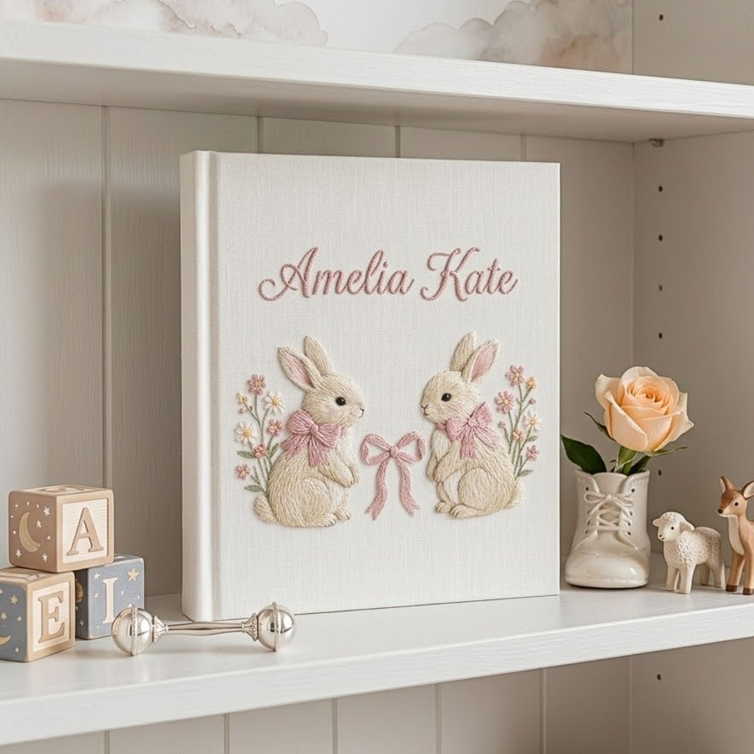 Personalized hand embroidered photo album featuring two adorable rabbits with pink bows and delicate floral accents on a linen cover