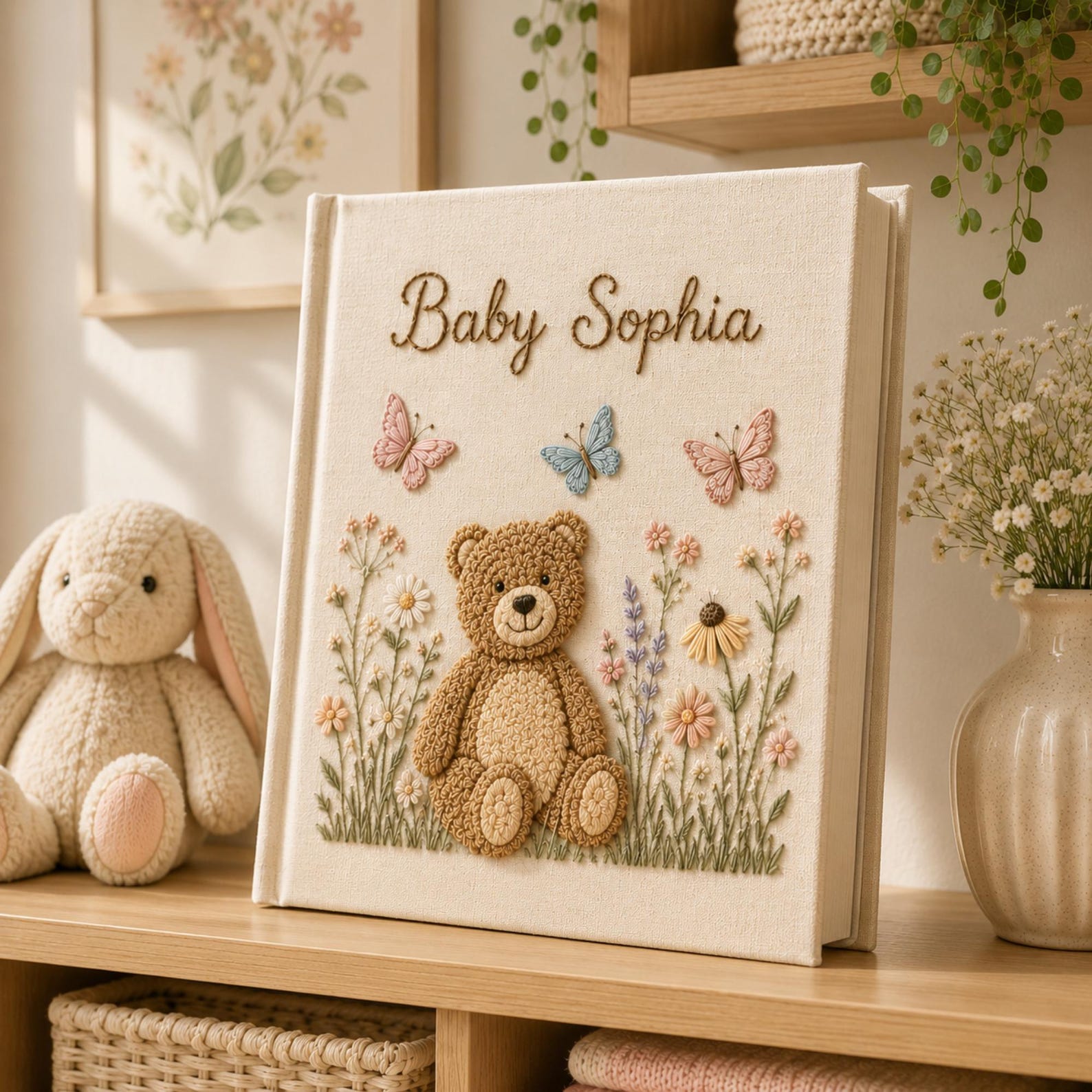 Personalized embroidered baby photo album with teddy bear, butterflies, and pastel flower garden design