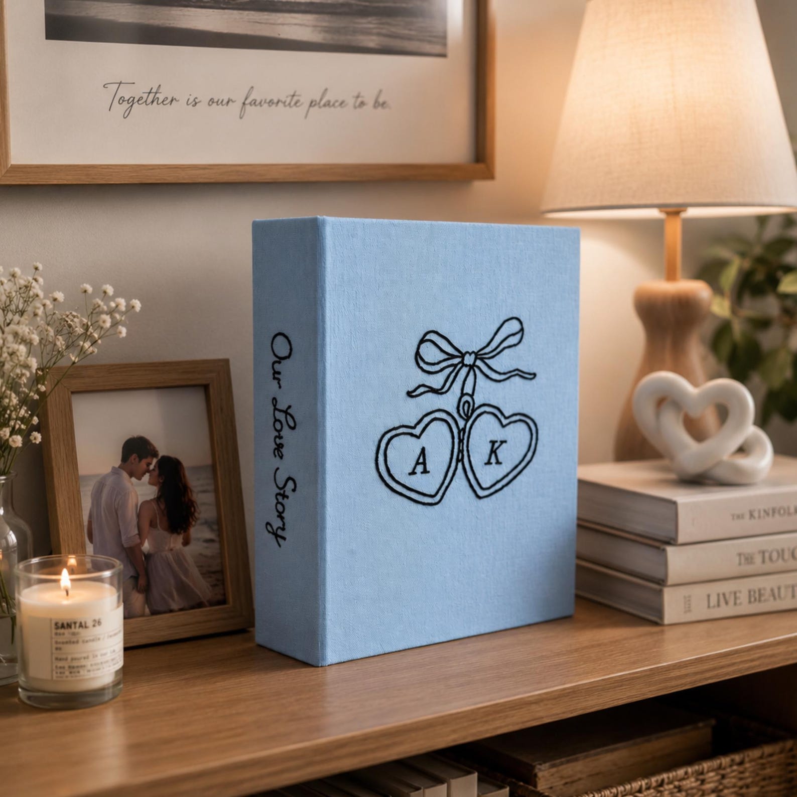 Personalized minimalist embroidered couple photo album with heart initials design on blue linen cover