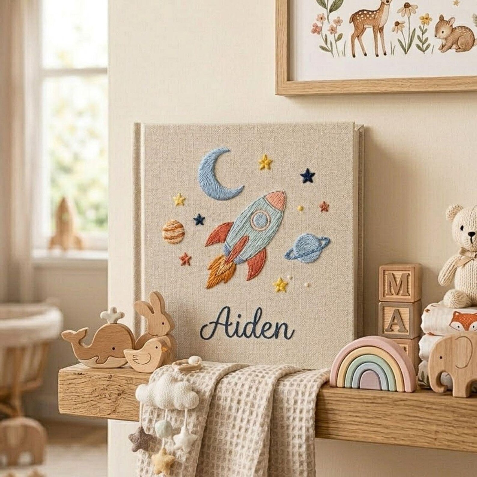 Personalized embroidered baby photo album with space rocket, moon, planets, stars, and custom name embroidery